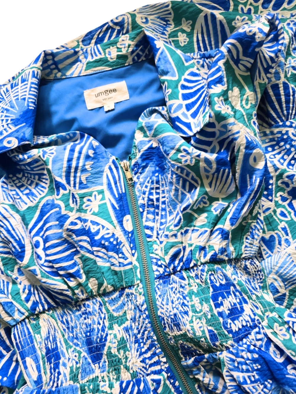 Umgee Blue Seashell Print Dress Coastal Beach Smocked Waist Zip Front Small Midi - Picture 6 of 6